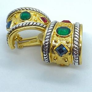 Vintage 80’s NWOT Emerald Sapphire Ruby Rhinestone Gold Tone Clip Earrings